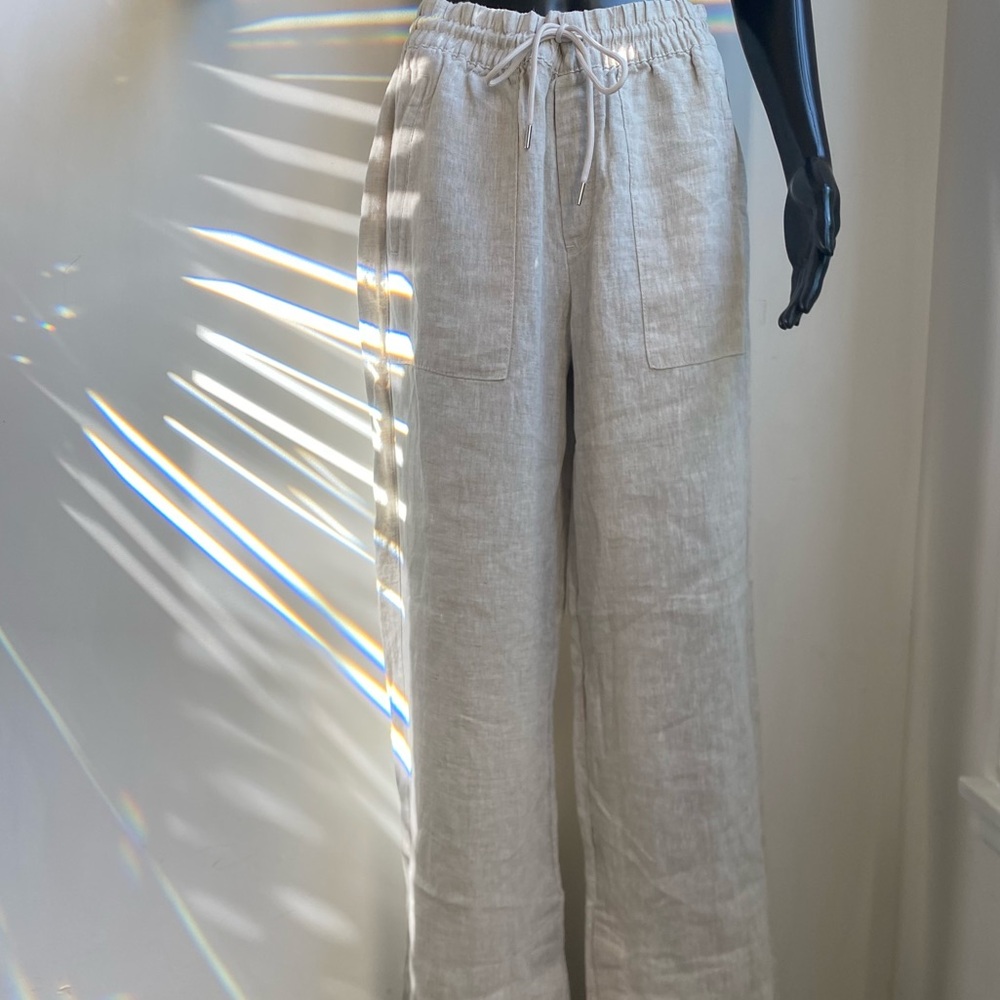 Athleta Cream Drawstring Linen-Blend Wide Leg Pants